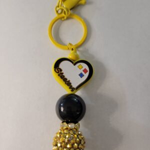 Gold, White and Black Beaded Keychain with Steelers Heart
