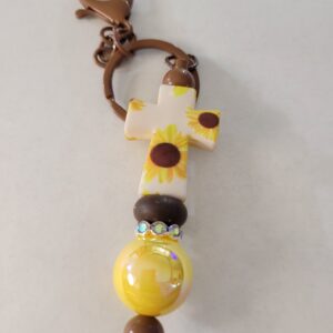 Brown and Yellow Beaded Keychain with White and Sunflower Cross
