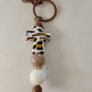 Brown and White Beaded Keychain with Leopard Cross