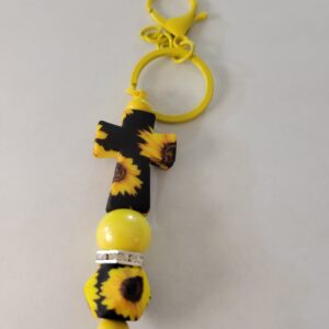 Black and Yellow Beaded Keychain with Black and Sunflower Cross