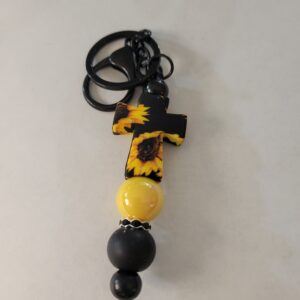 Black and Yellow Beaded Keychain with Black and Sunflower Cross