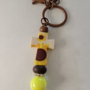 Brown and Yellow Beaded Keychain with White and Sunflower Cross