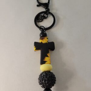 Black and Yellow Beaded Keychain with Black and Sunflower Cross