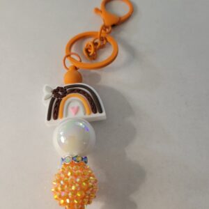 Orange and White Beaded Keychain with Rainbow