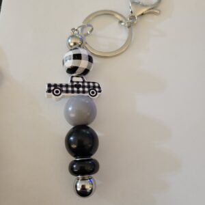 Black and White Beaded Keychain with Truck