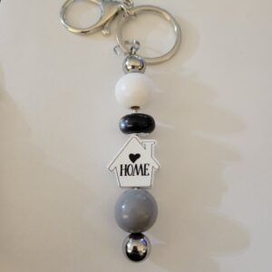 Black and White Beaded Keychain with House