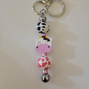 Pink, Black and White Beaded Keychain with Cow