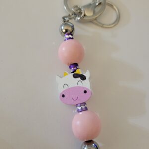 Pink Beaded Keychain with Cow