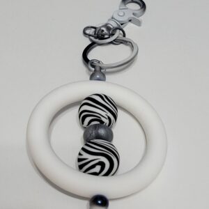 White Circle with Zebra Printed Beaded Keychain