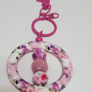 Pink Flower Circle with Flower Beaded Keychain
