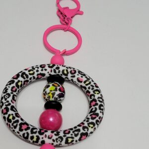 Pink Leopard Print Circle with Leopard Beaded Keychain