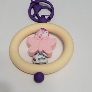 Tan Circle with Pink Butterfly Beaded Keychain