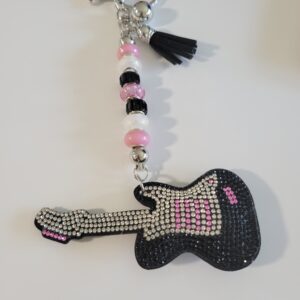 Bling Pink and Black Guitar Beaded Keychain