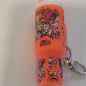 Orange Tumbler Keychain with Characters from the 80's