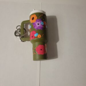 Olive Green Tumbler Keychain with Flowers