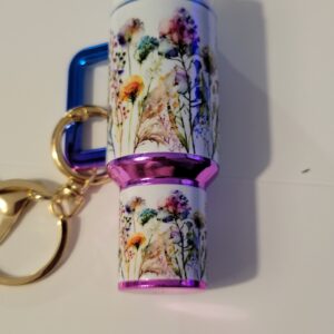 Blue and Pink Tumbler Keychain with Flowers