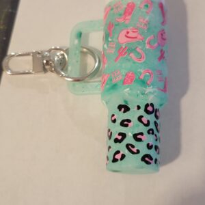 Blue/Green Tumbler Keychain with Pink Boots and Hats
